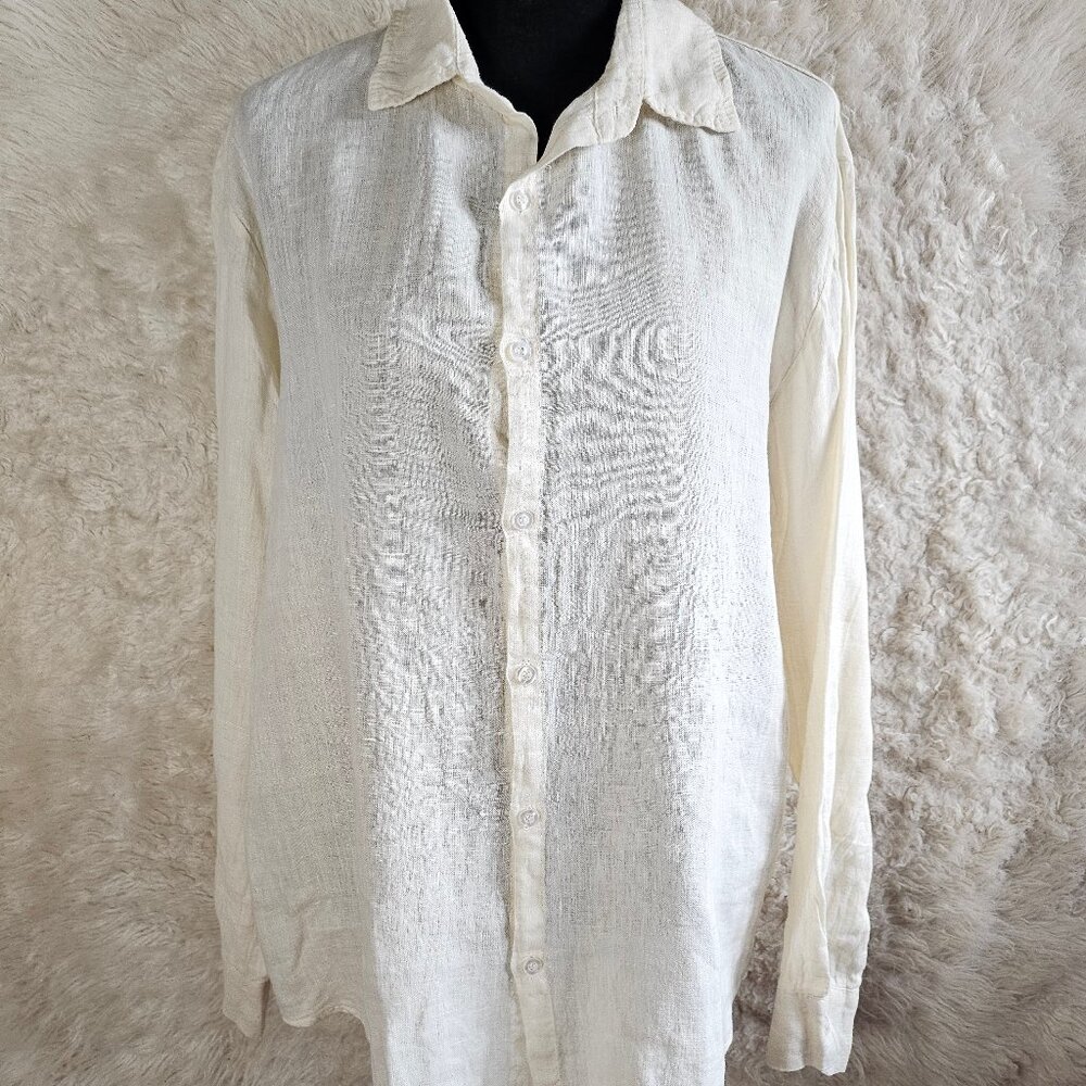 Focus Woman 100% Linen Cream Button Up Boyfriend Shirt Size M